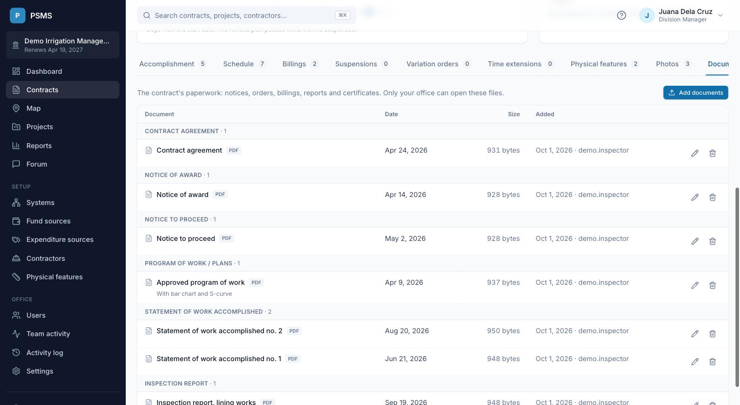 A contract's Documents tab