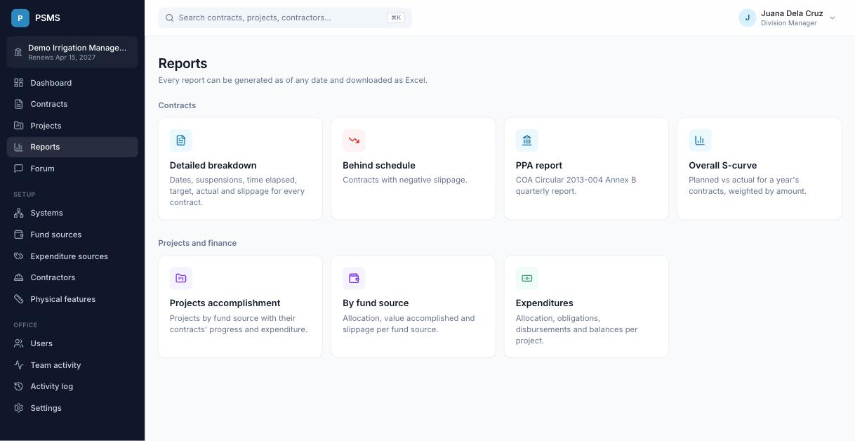 The reports page