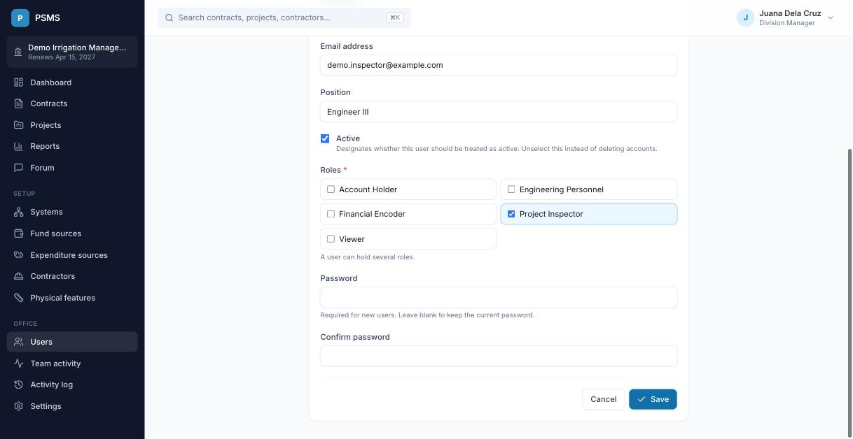 Editing a user's roles